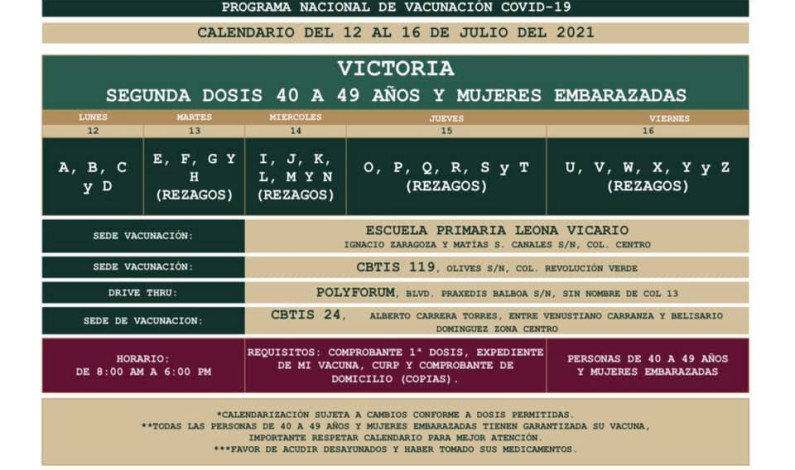 Segunda dosis anti covid para personas de 40 a 49 años; cuándo y dónde en Ciudad Victoria