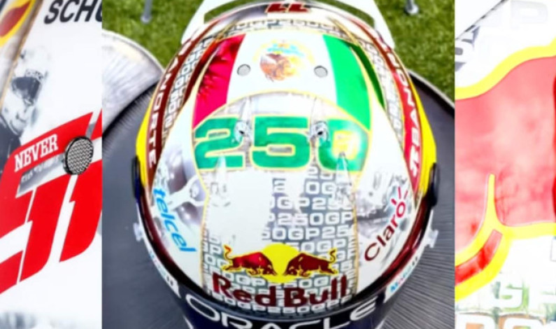 Checo Pérez va por 250 carreras en F1 con casco muy mexicano