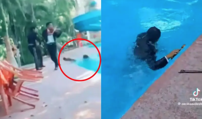 ¡Al agua! Así cayó un mariachi a una alberca en plena serenata ¡Al agua! Así cayó un mariachi a una alberca en plena serenata