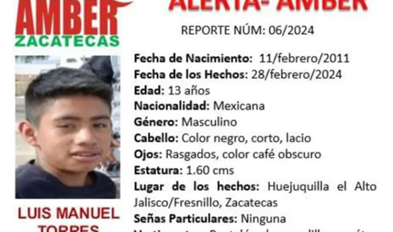 ALERTA AMBER:  Niño desaparecido que viajó de Jalisco a Fresnillo; lleva 14 días desaparecido