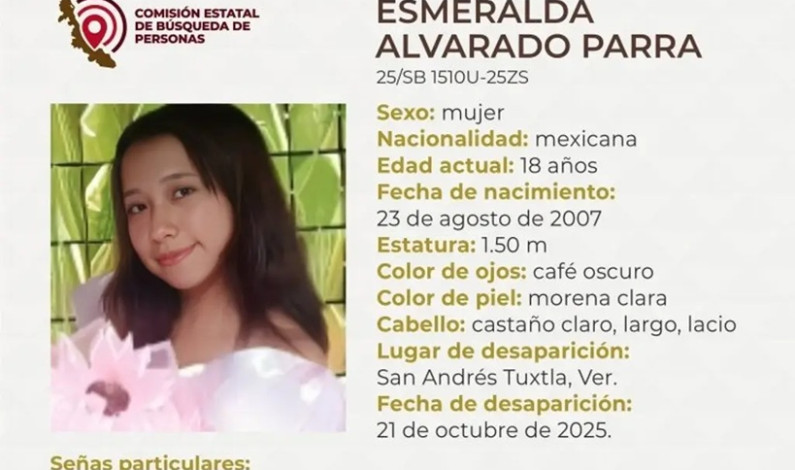 Buscan a joven de 18 años desaparecida en San Andrés Tuxtla, Veracruz Buscan a joven de 18 años desaparecida en San Andrés Tuxtla, Veracruz