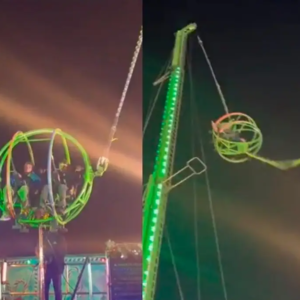 Juego mecánico se rompe y deja colgando a dos personas