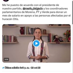 CLAUDIA SHEINBAUM, PROPONE DONAR UN MES DE SU SUELDO A SUS COMPAÑERO DE PARTIDO EN AYUDA A ACAPULCO.